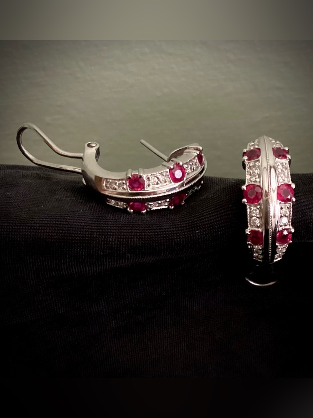 14k White Gold Natural Ruby and Diamond NewEarrings SecureHinged Back Post Clips